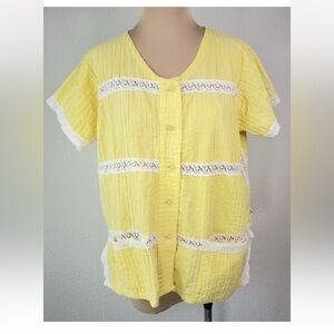 Vintage Yellow Cotton Lace Pintuck Mexican Oaxcana Blouse Top M